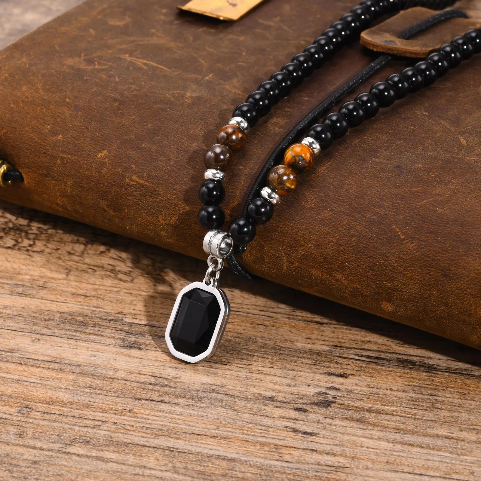 Black Stone Square Pendant Necklace