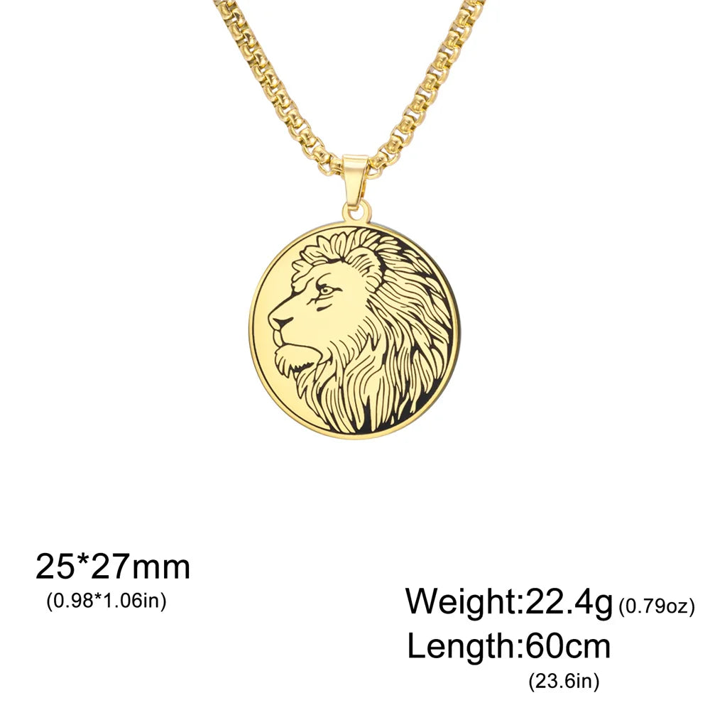 Lion Head Coin Pendant Necklace Men Stainless Steel Box Chain 60cm Animal Leo Zodiac Medallion Necklace Hip Hop Punk Jewelry
