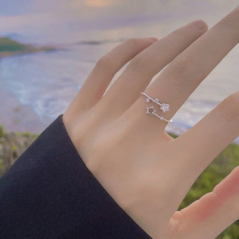 Exquisite 925 Sterling Silver Adjustable Zircon Hollowed-out Five-pointed Star Ring for Women Korean Jewelry Accessories Gifts