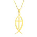 Ichthys Jesus Fish Cross Pendant Necklace — Stainless Steel