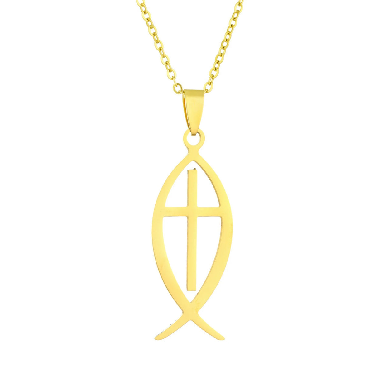 Ichthys Jesus Fish Cross Pendant Necklace — Stainless Steel