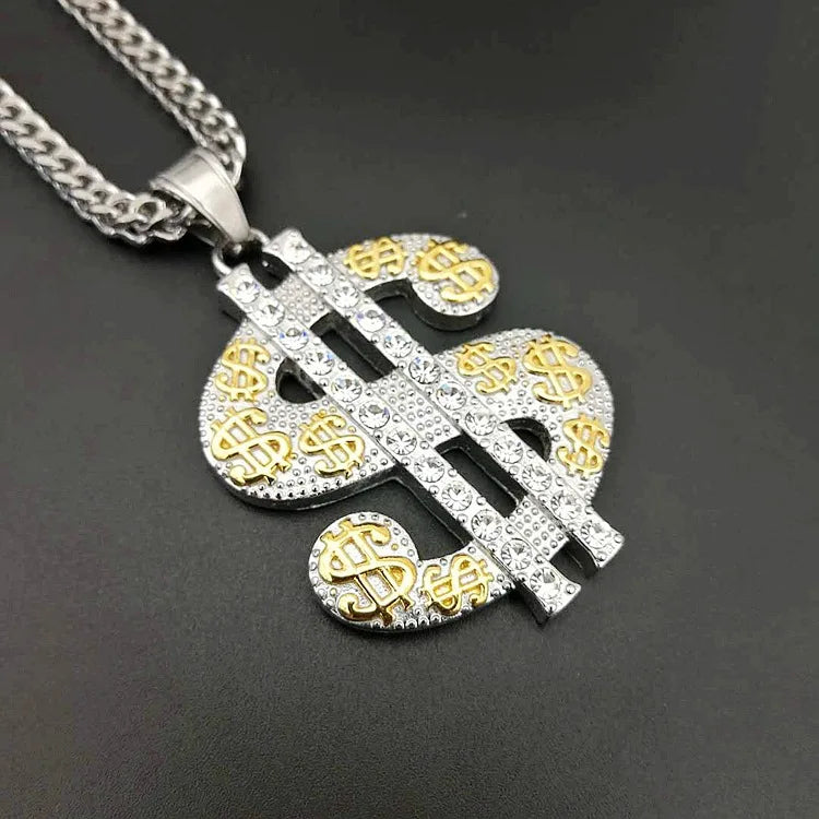 New dollar sign Gold color Stainless steel Chain Rhinestoned Big Dollar Sign Pendant Chain Necklace For Women Hiphop Jewelry