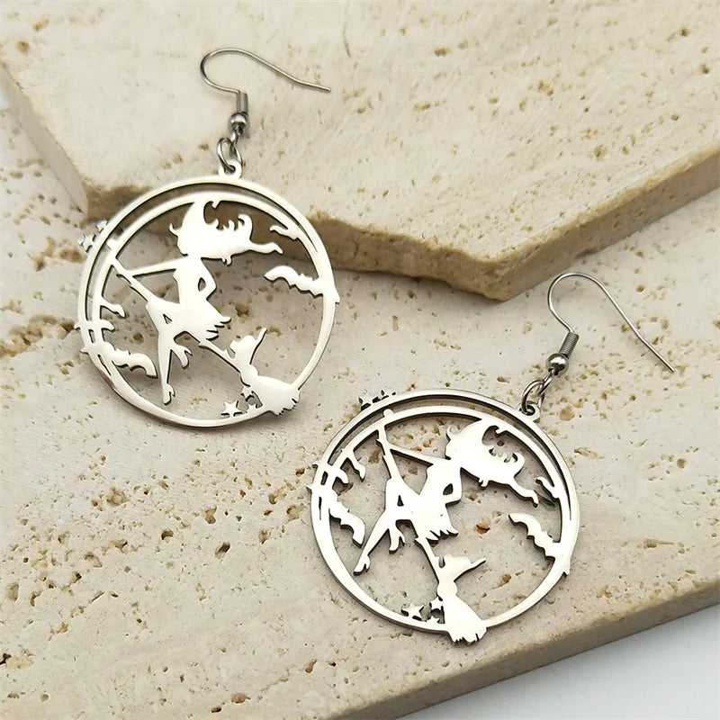 Bat Silver Earrings Goth Magic Cartoon Witch Broom