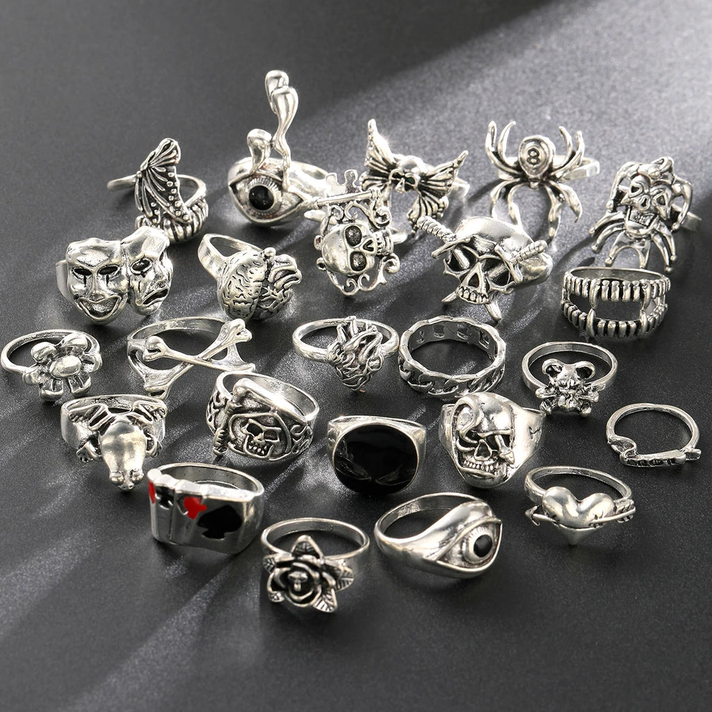 24 Pcs Gothic Skeleton Unisex Ring Set Punk Grunge Butterfly Frog Woman Man Jewelry Hip Hop Party Street Ring