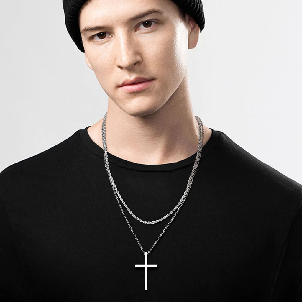 Layered Cross Pendant Set — Stainless Steel