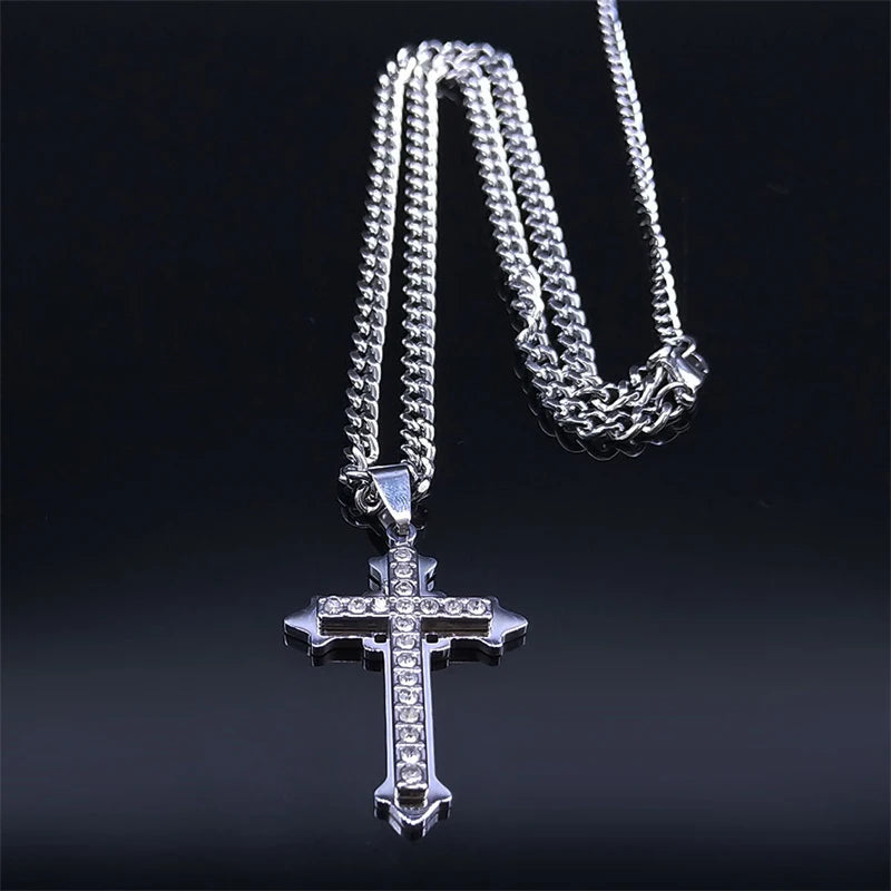 Gothic Cross Silver Pendant Christian Rhinestone