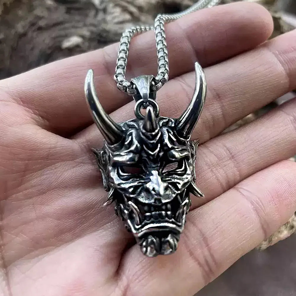 Two Color Golden Horn Demon Warrior Mask Pendant Stainless Steel Long Necklace Retro Punk Accessory For Men Women