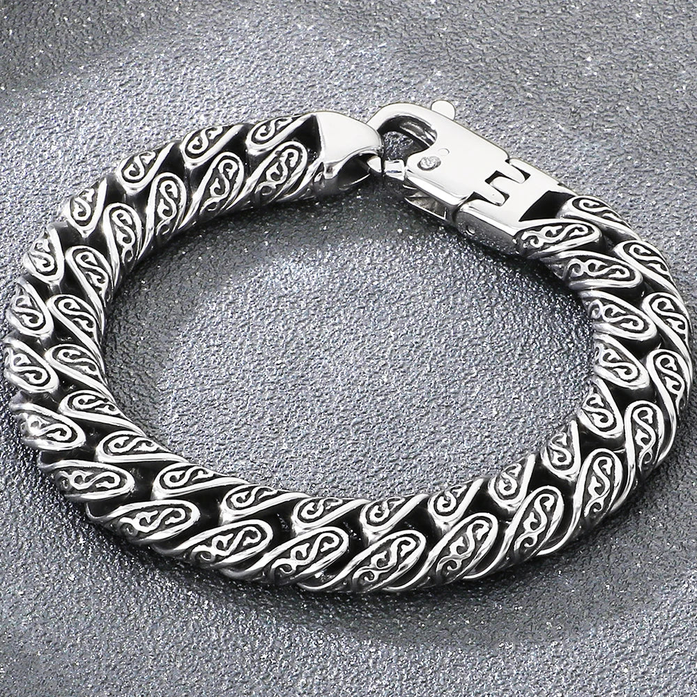 Vintage 12MM Width Cuban Link Chain Bracelet for Man Black Gold Color Stainless Steel Men's Bracelets Wrist Hand