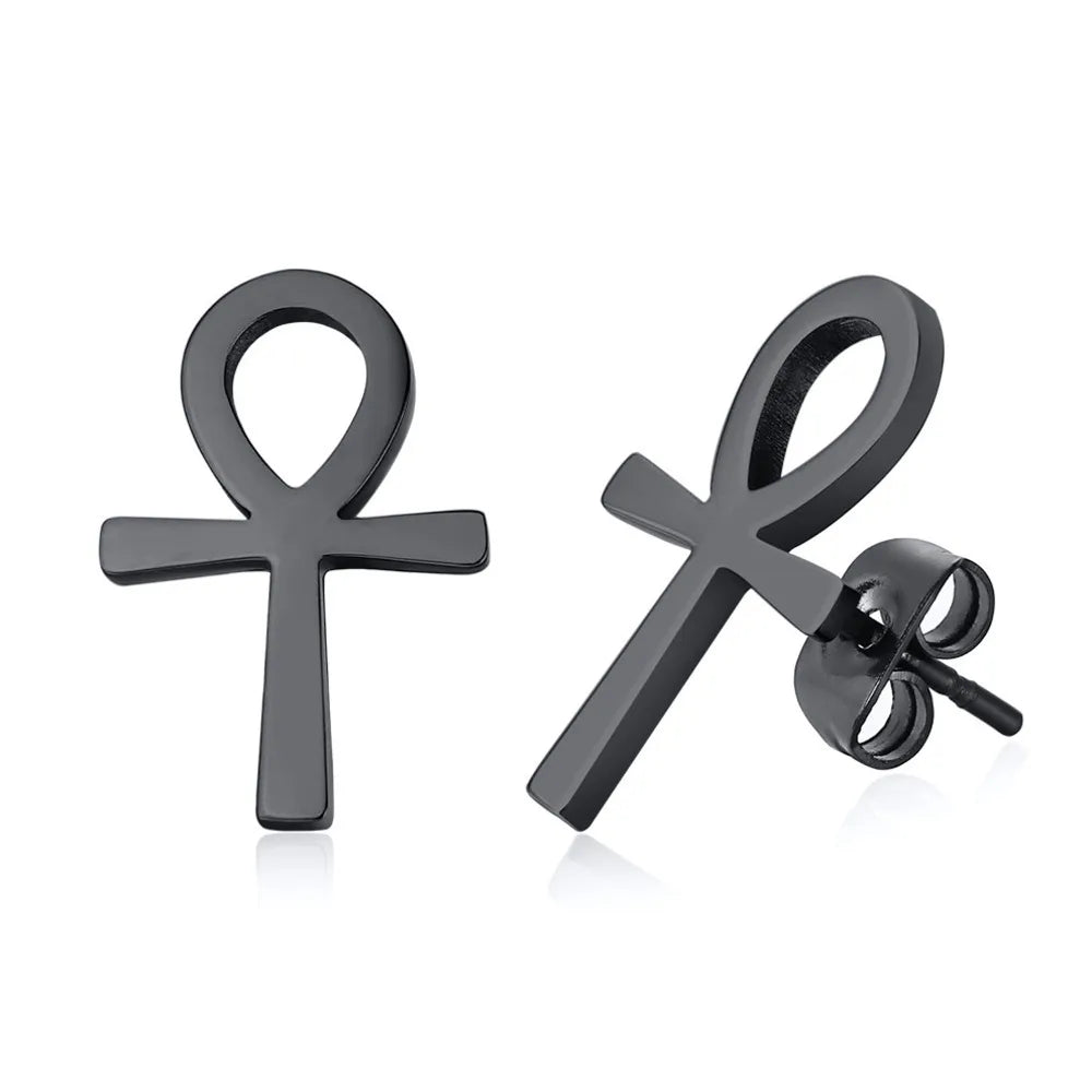 Ankh Cross Huggie Hoop Earrings — Stainless Steel