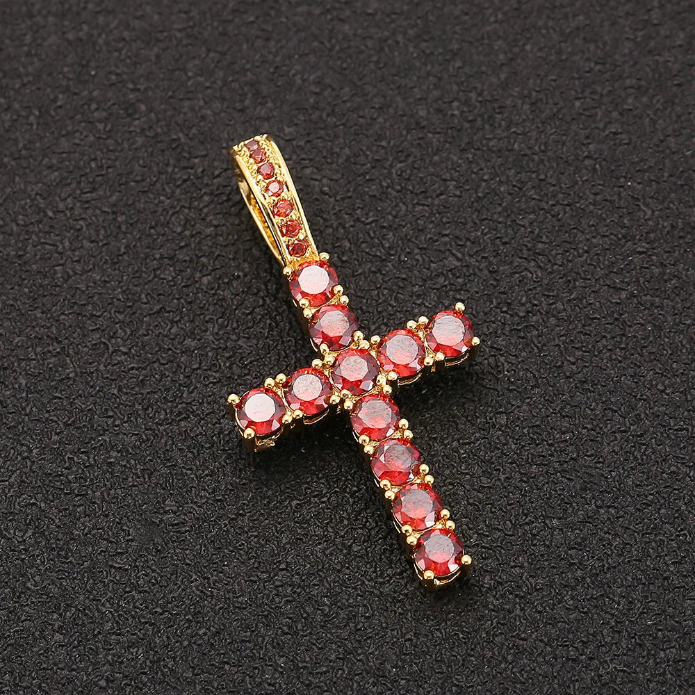 Two-Tone Iced Out Cross Pendant Red Zircon