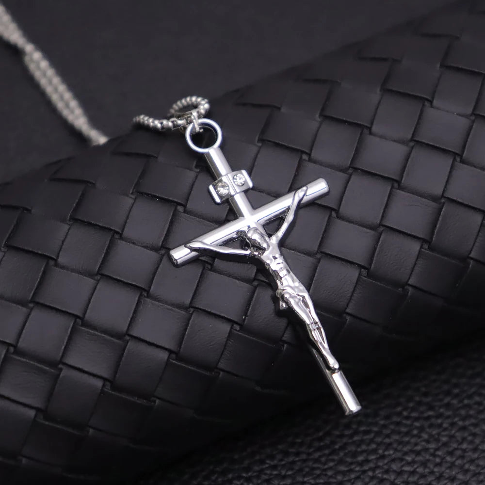 Jesus Crucifix Rhinestone Cross Necklace — Stainless Steel