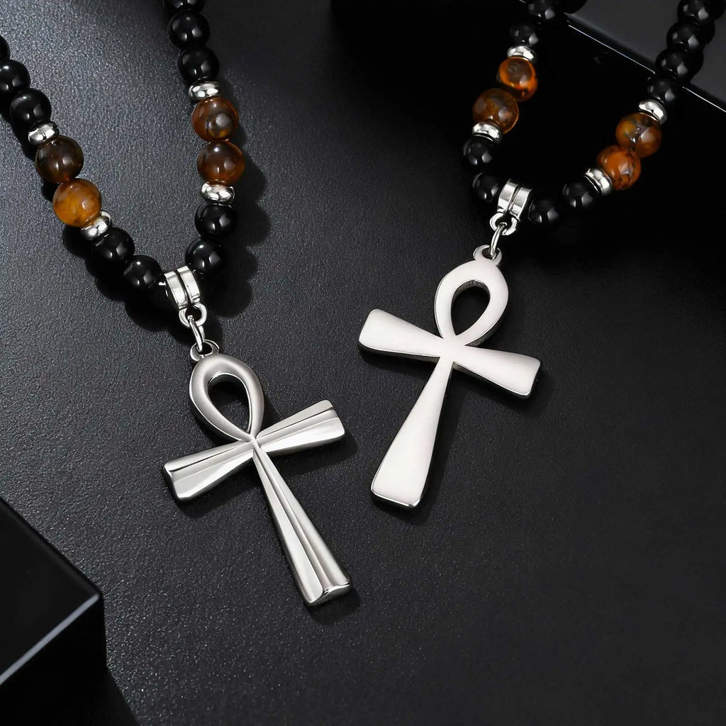 Fashion Stainless Steel Anka Cross Pendant Necklace, Natural Tiger Eye Stone Beaded Chain Necklace, Trendy Punk Jewelry