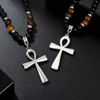 Fashion Stainless Steel Anka Cross Pendant Necklace, Natural Tiger Eye Stone Beaded Chain Necklace, Trendy Punk Jewelry