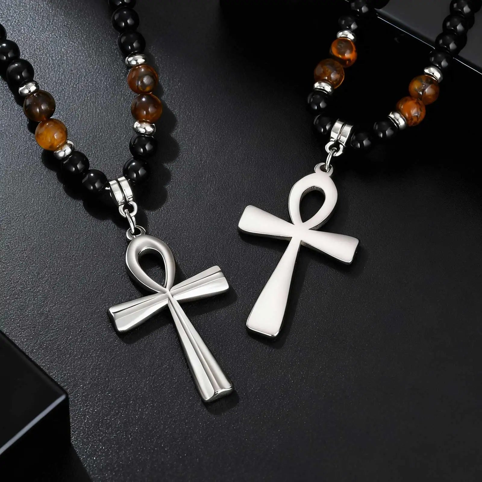 Fashion Stainless Steel Anka Cross Pendant Necklace, Natural Tiger Eye Stone Beaded Chain Necklace, Trendy Punk Jewelry