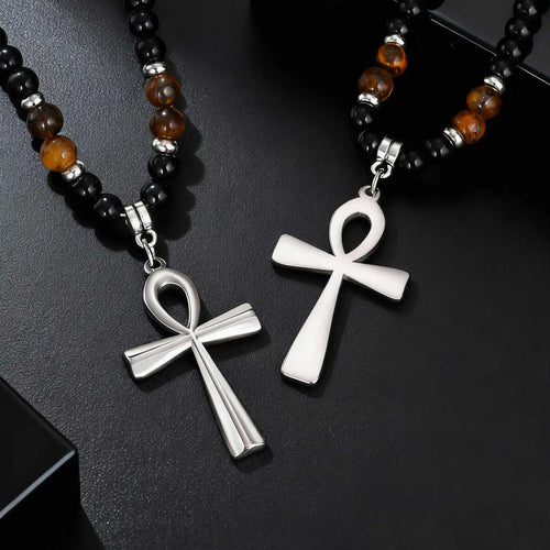 Ankh Cross Tiger Eye Stone Beaded Pendant Necklace