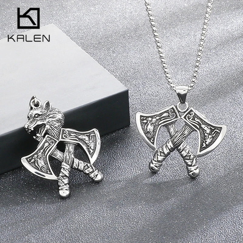 Stainless Steel Viking Axe Pendant Necklace for Men Vintage Norse Double Axe Wolf Head Amulet Necklaces Punk Gothic