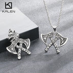 Stainless Steel Viking Axe Pendant Necklace for Men Vintage Norse Double Axe Wolf Head Amulet Necklaces Punk Gothic