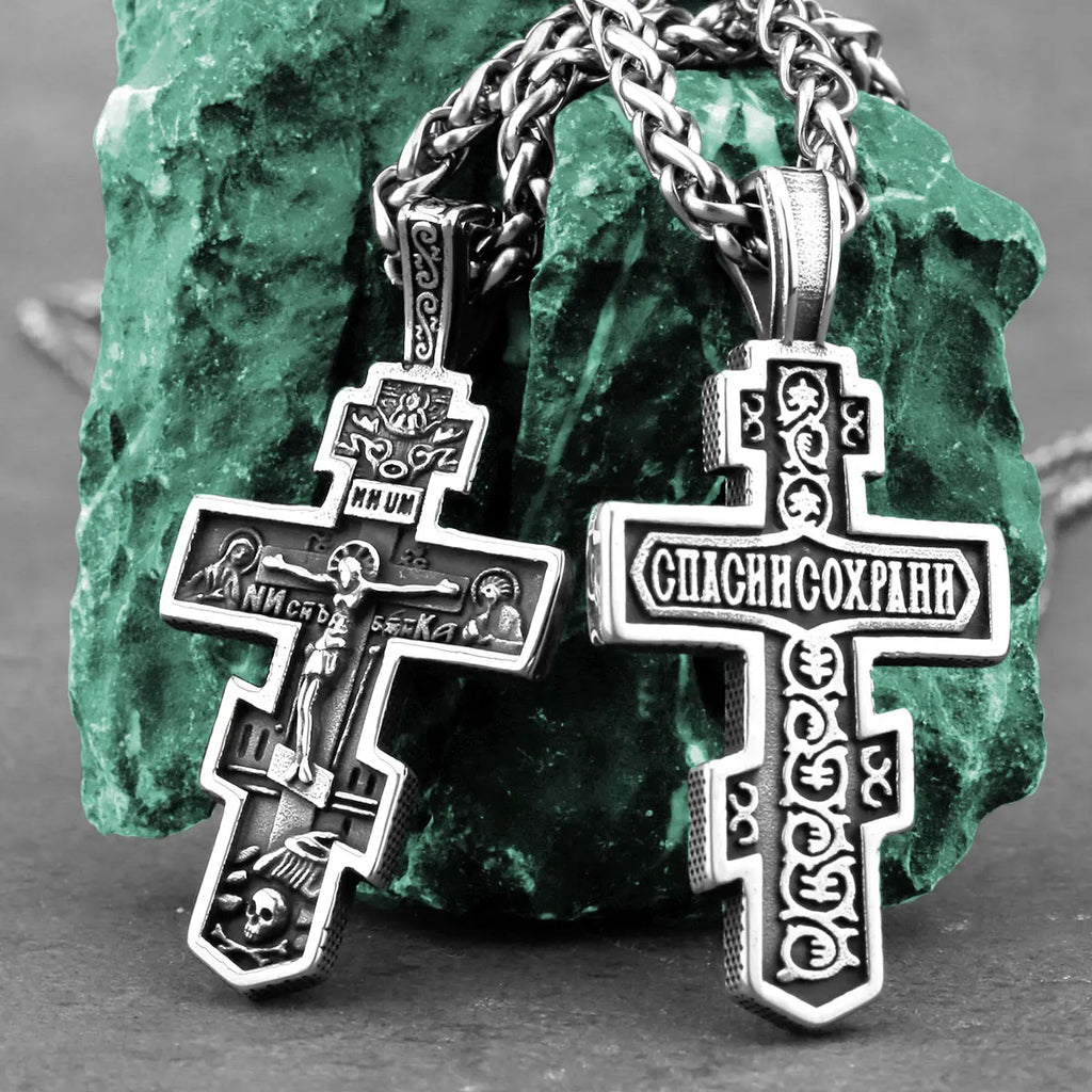 Vintage Jesus Cross Necklace Men's Stainless Steel Faith Christian Amulet Pendant Necklace Religious Male Jewelry Gift