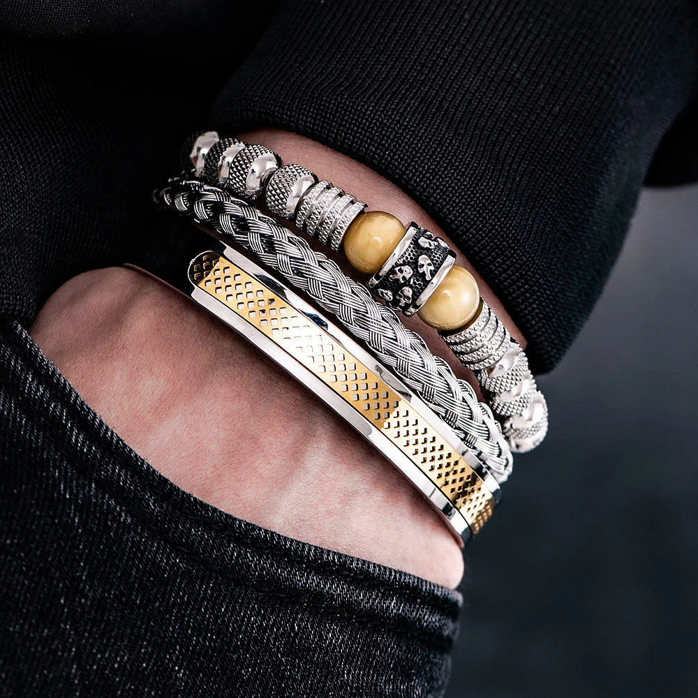 3pcs Set Men Bracelet Stainless Steel Rope Bangles Men Skull Bracelets with Tigereye Natural Stone Gift Accessories