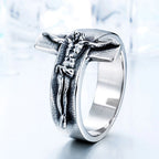 Men's Vintage Stainless Steel Jesus Cross Rings Fashion Character Relief Religious Ring Creative Party Gothic Jewelry