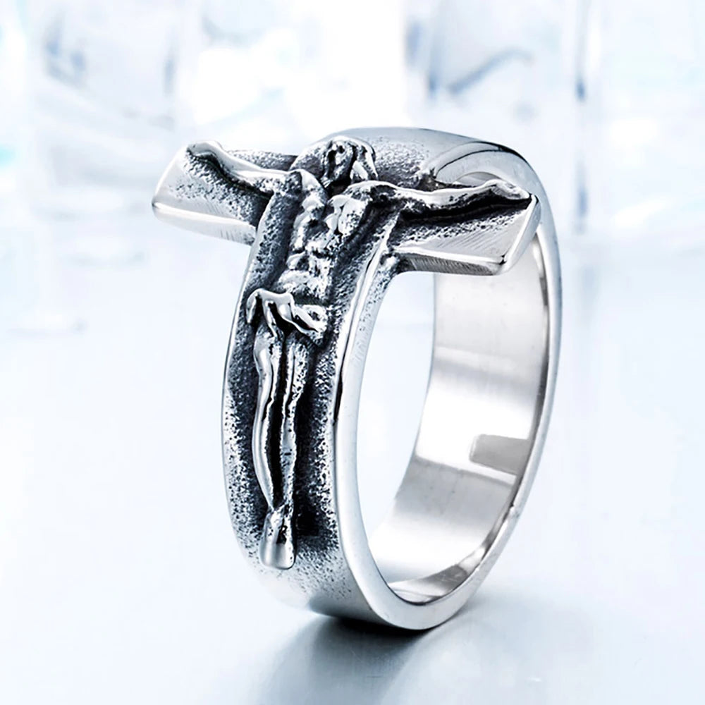 Men's Vintage Stainless Steel Jesus Cross Rings Fashion Character Relief Religious Ring Creative Party Gothic Jewelry
