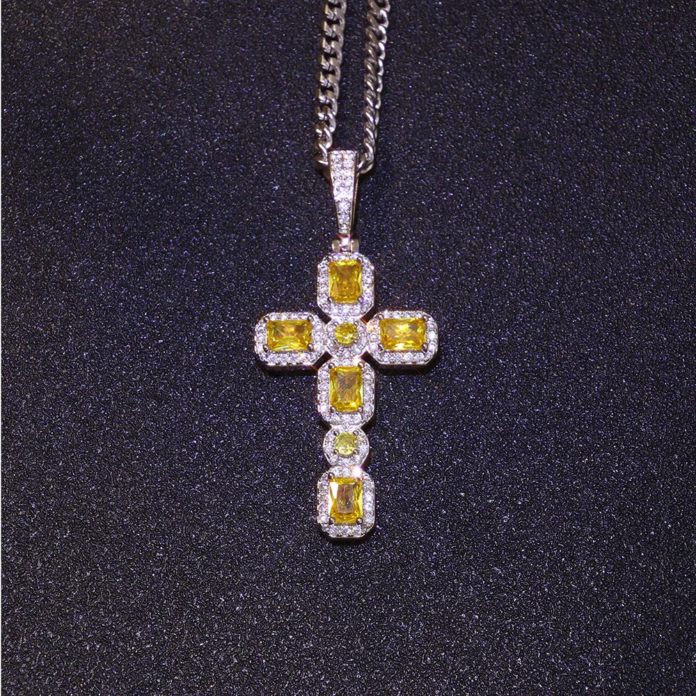 Cross Pendant Necklace Iced Out Yellow CZ