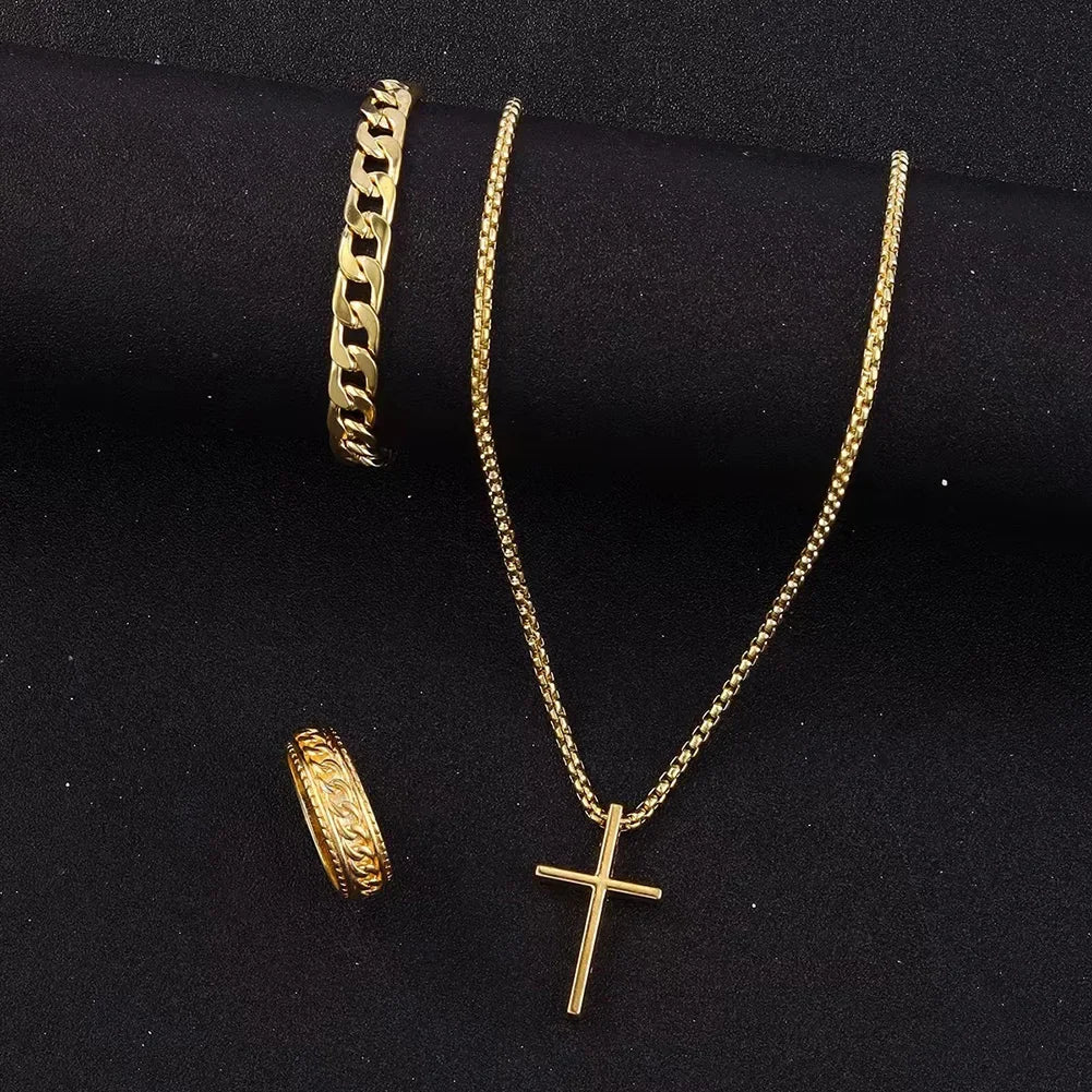 3pcs Stainless Steel Suit Jewelry Set For Men, Hip-hop Cross Pendent Necklace, Bracelet And Ring Set