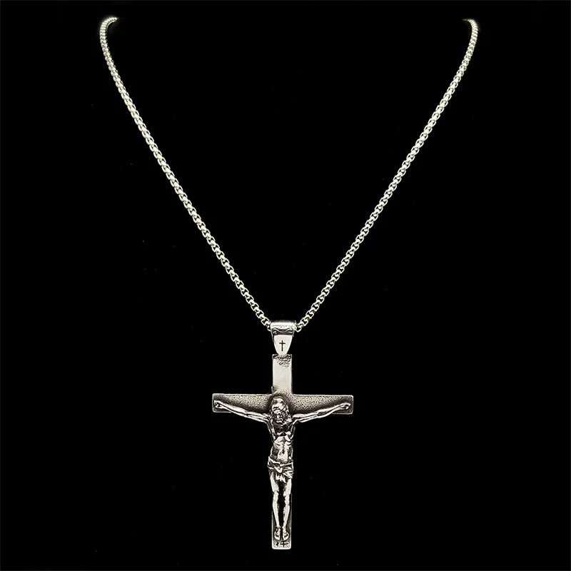 Stainless Steel Christian Jesus Cross Crucifix Pendants Necklaces for Men Women Silver Color Chain Necklaces Jewelry