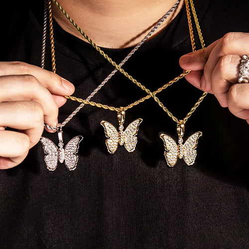 Cross Pendant Necklace Iced Out Butterfly CZ