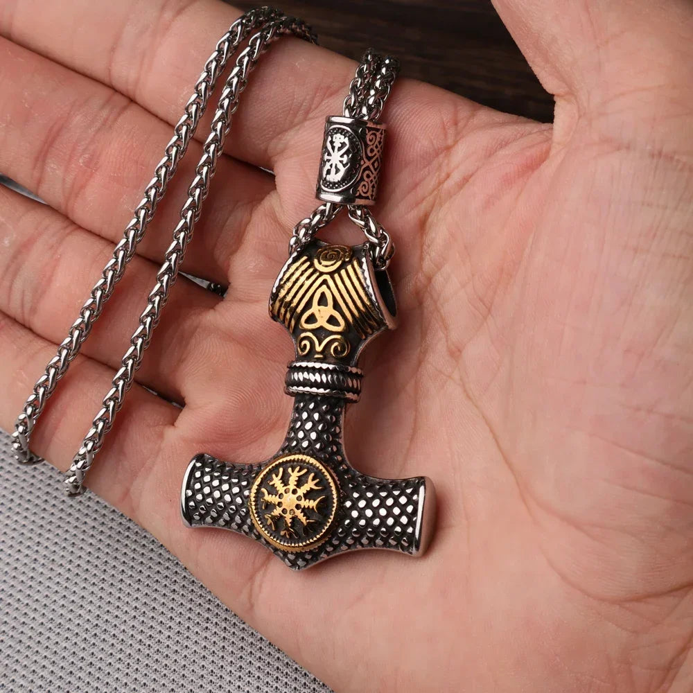 Multi Style Beaded Viking Thor's Hammer Pendant Necklace Stainless Steel Necklace Men Biker Mjolnir Amulet Jewelry
