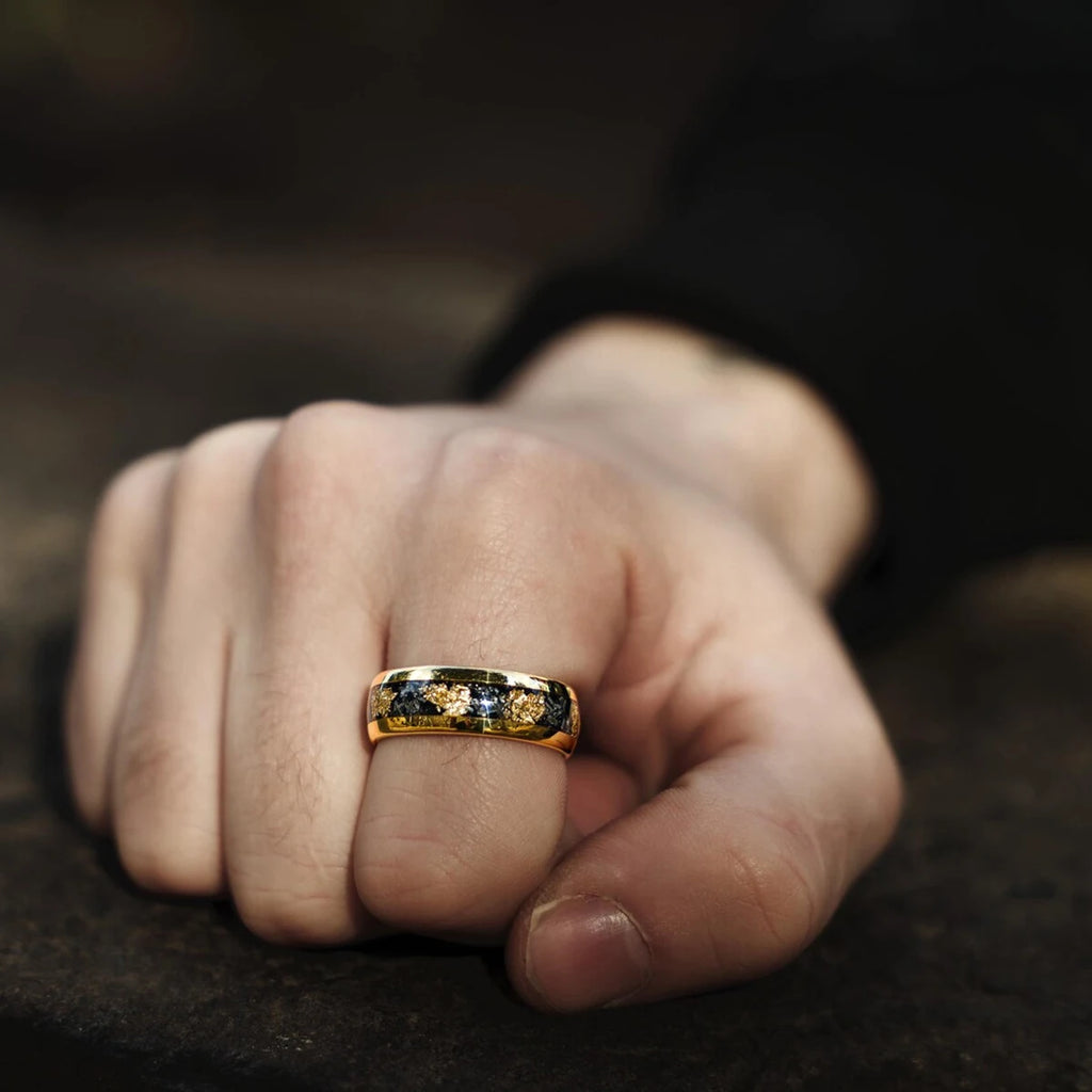 8MM Meteorite tungsten ring for man fashion jewelry Men's wedding bands Inlaid gold leaf engagement rings fine gifts