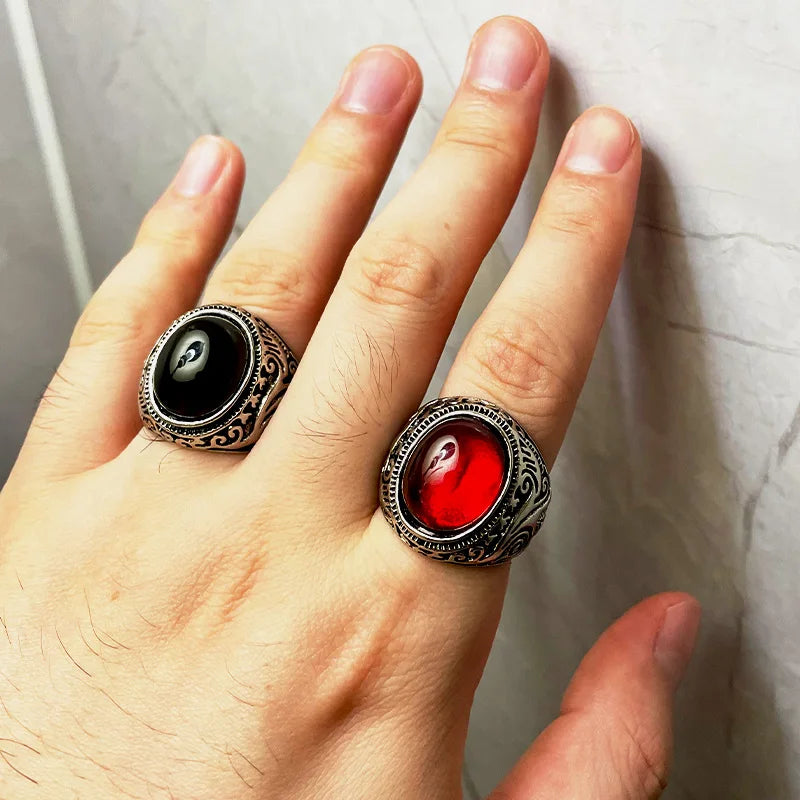 Retro Resin Gem Engraving Flower Pattern Ring For Men Punk Gothic Zinc Alloy Ring Designer Jewelry Unisex Accessories