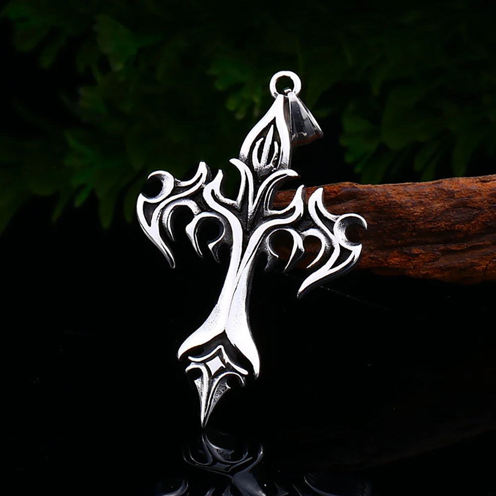Vintage 316L Stainless Steel Flame Cross Pendant Necklace Hip Hop Fashion Casting Men Necklaces Party Jewelry Gifts Dropshipping