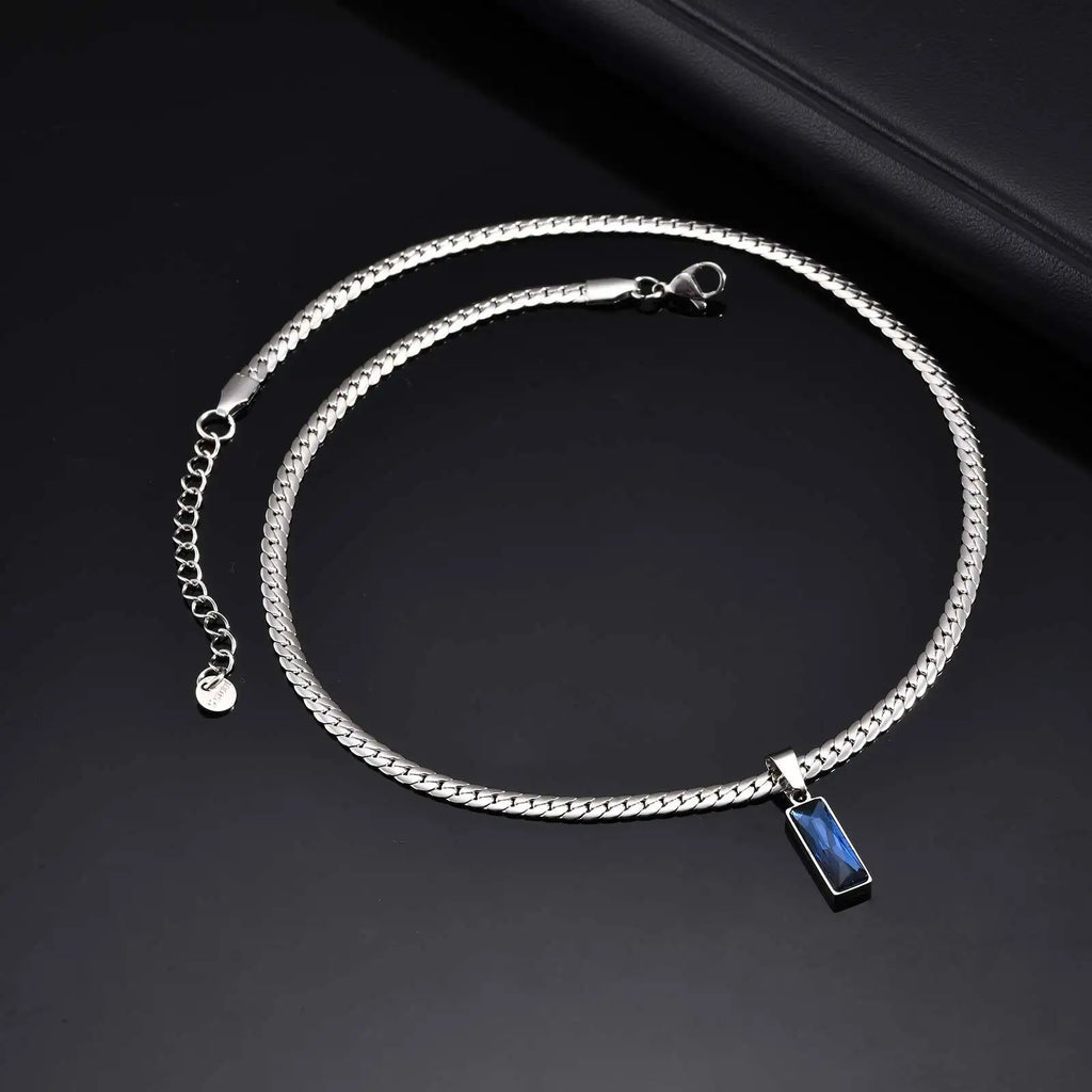 Blue Stone Cuban Pendant Necklace — SS