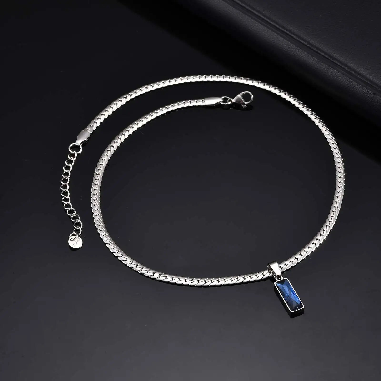Blue Stone Cuban Pendant Necklace — SS