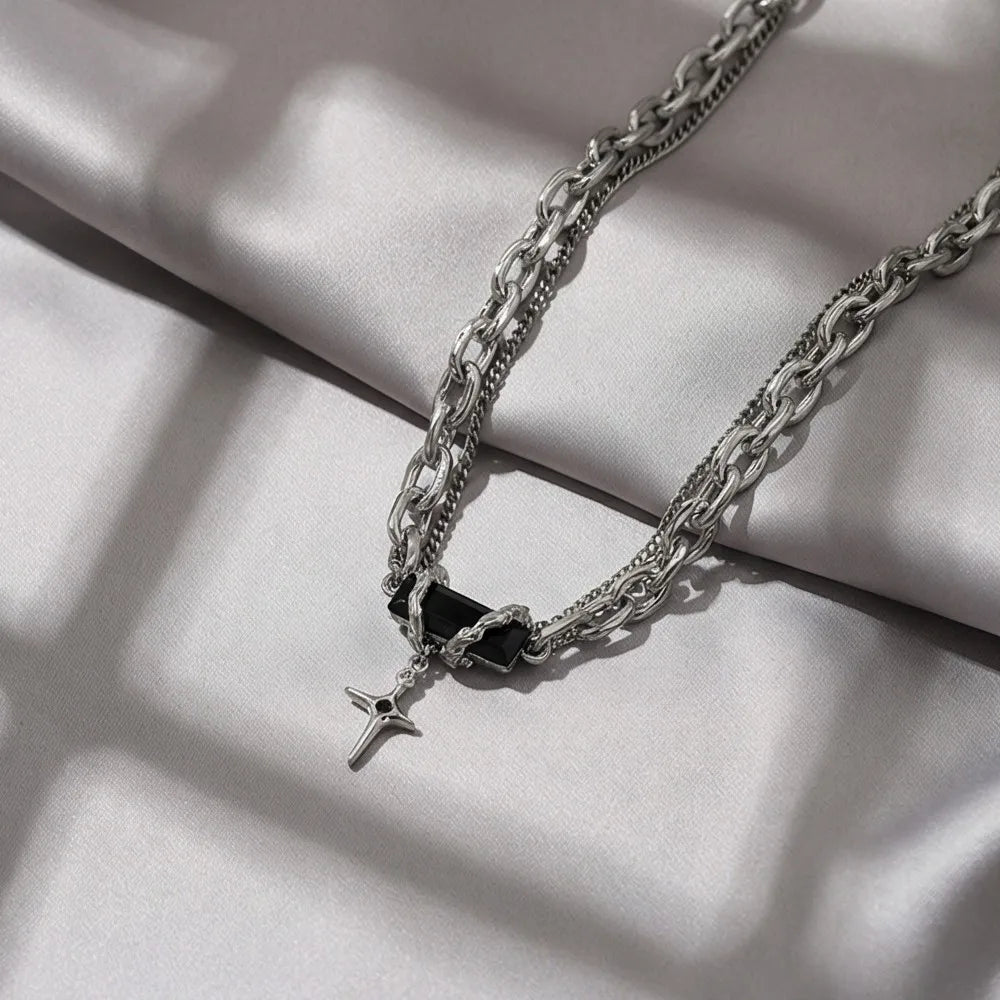 Silver Cross Pendant Chain Necklace Titanium Steel