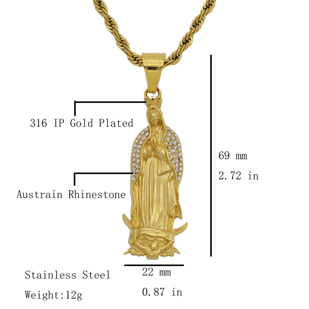 Religious Virgin Mary Pendant Amulet Necklace Stainless Steel Christian Jewelry rhinestone Prayer For Women Collar