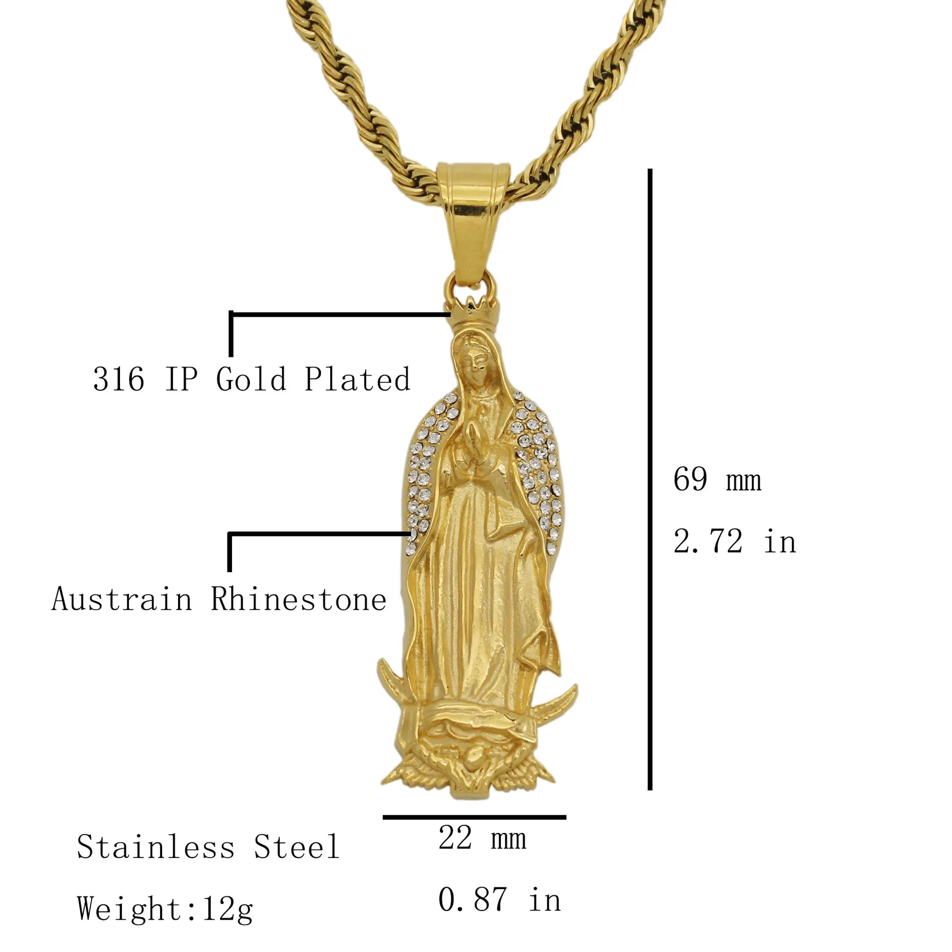 Religious Virgin Mary Pendant Amulet Necklace Stainless Steel Christian Jewelry rhinestone Prayer For Women Collar