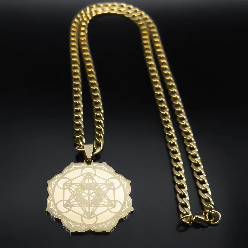 Lotus Steel Pendant Sacred Geometry Metatron Cube