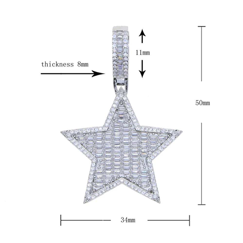 Iced Out Star Pendant Necklace Micro Paved Silver Color Cubic Zircon Prong Setting Charm For Men Women Hip Hop Jewelry