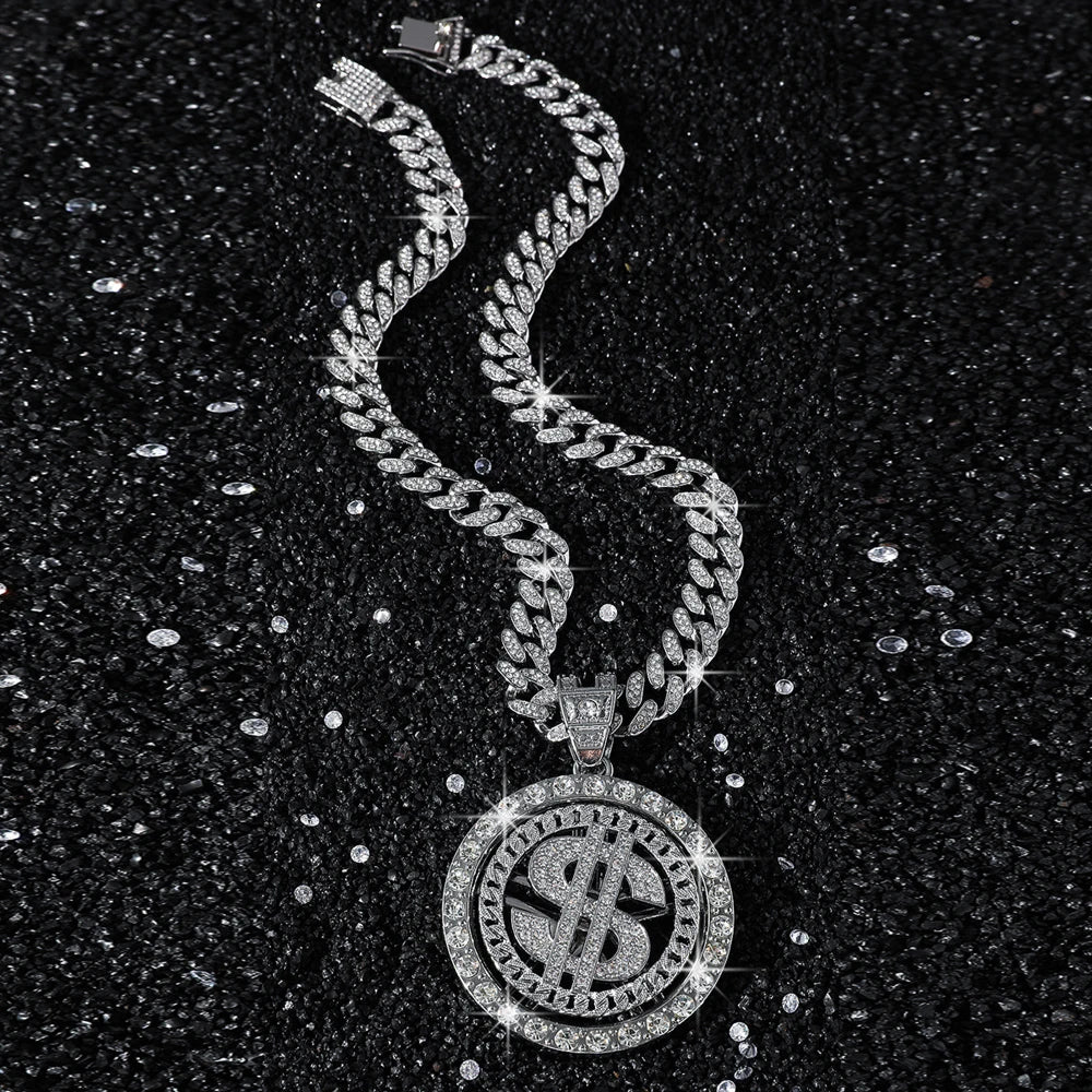Men Hip Hop Big Rotatable US Dollar Money Sign Pendant Necklace 13mm Iced out Cuban Chain Choker Necklace Rap Rock