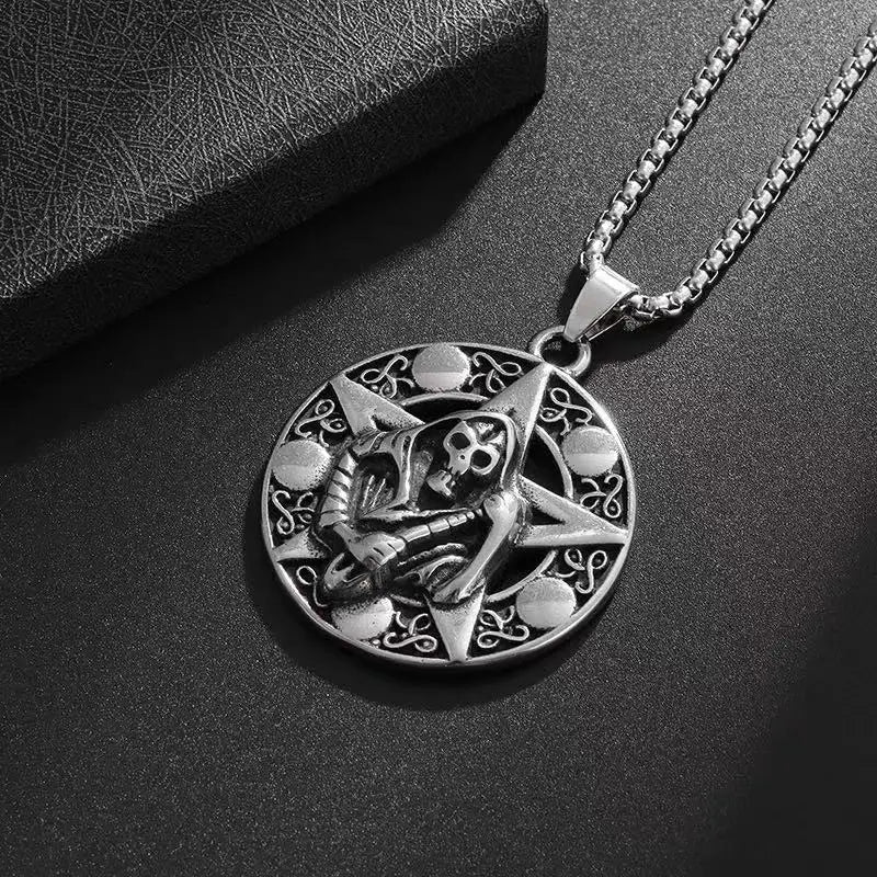 Classic Retro Hell Holy Death Sickle Round Medal Pendant Stainless Steel Necklace for Men Gothic Punk Personalized