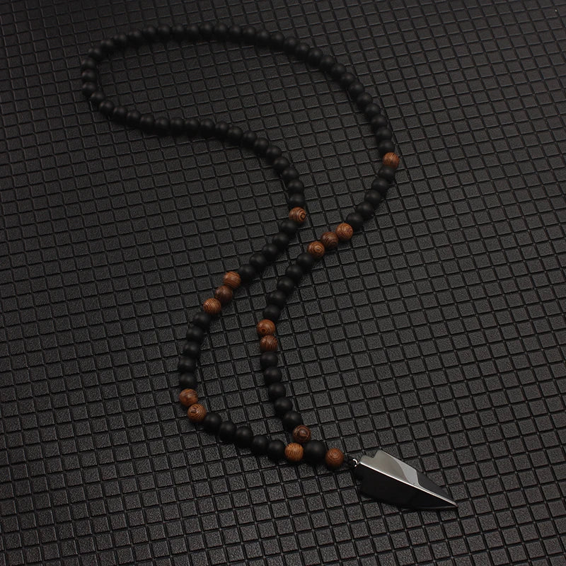 Wood Bead Arrow Pendant Necklace 8mm for Men — Black-Tone