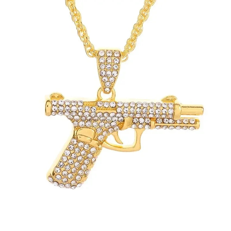 Crystal Pistol Pendant Necklace — Iced Out Two-Tone Street Chain