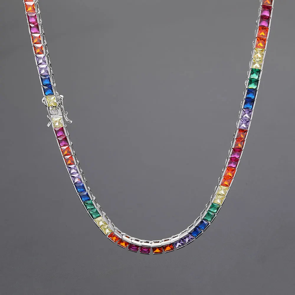 Gold Rainbow Tennis Necklace Iced Out 4MM 18K