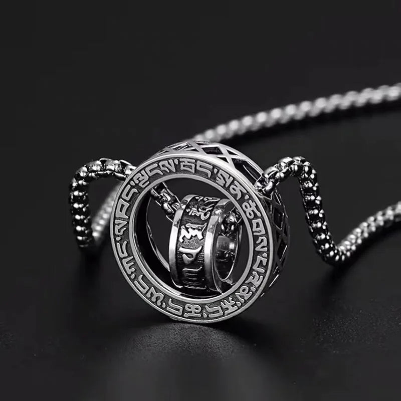 Retro   Six Character Mantra Double Ring Pendants Rotating Male Artistic Personality Versatile Necklaces Fashion Jewelry
