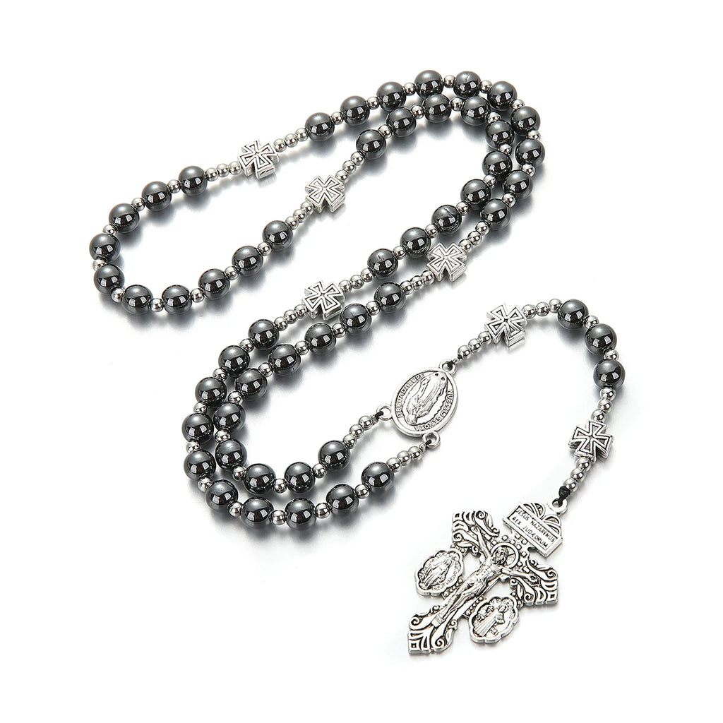 Black Hematite Cross Pendant Necklace — Zinc Alloy