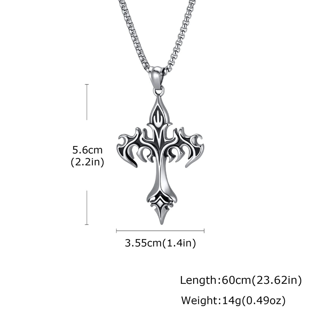 Gothic Hip Hop Flame Cross Pendant Necklace for Men, Silver Color Stainless Steel Non-fading Necklace,Waterproof