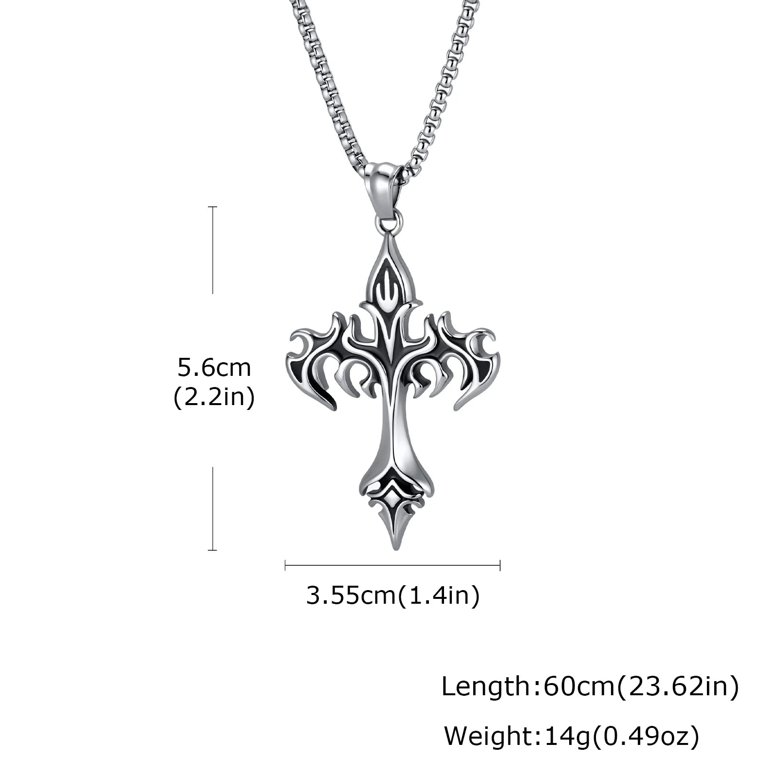 Gothic Hip Hop Flame Cross Pendant Necklace for Men, Silver Color Stainless Steel Non-fading Necklace,Waterproof