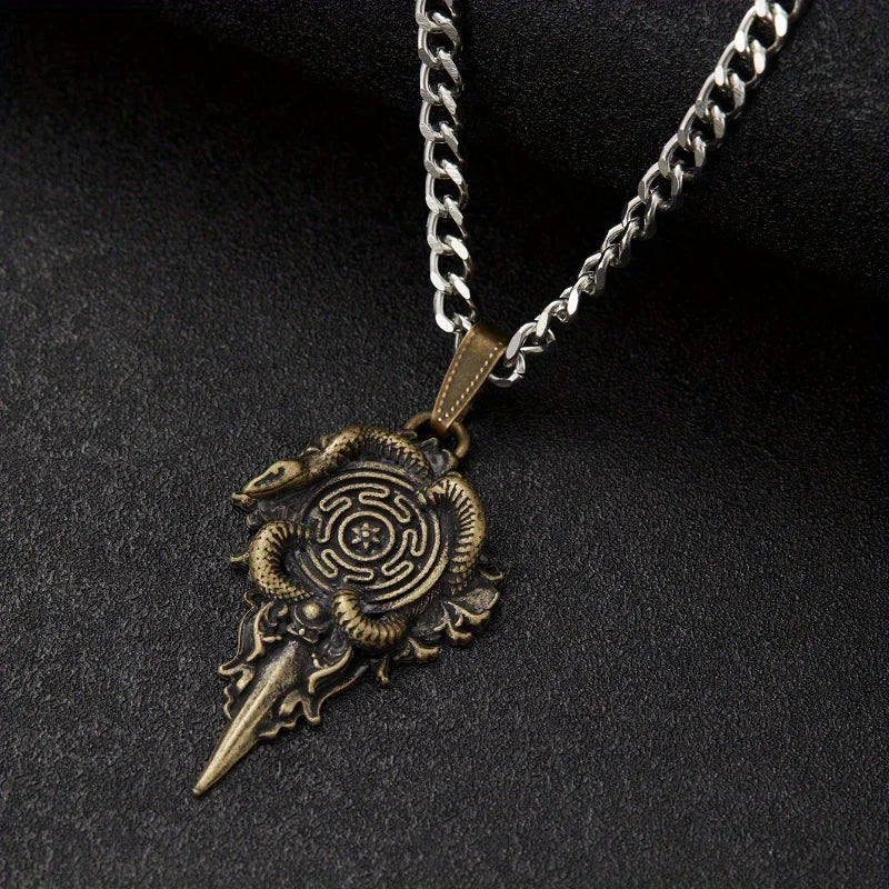 Retro Wheel Pendant with Snake Pendant Wheel of Hecate Symbol Protective Amulet Brass Jewelry Gifts for Women